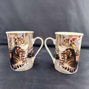 Cottage Cat Coffee Mugs Set 2 Tabby Lover Spring Flowers Creative Tops England